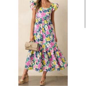 Meet Me In Santorini Medium Floral Flutter Sleeve Tie‎ Back Cut Out Maxi Dress